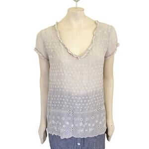 JOHNNY WAS Ruffled Trim Short Sleeve Eyelet Top in Vintage White SZ S